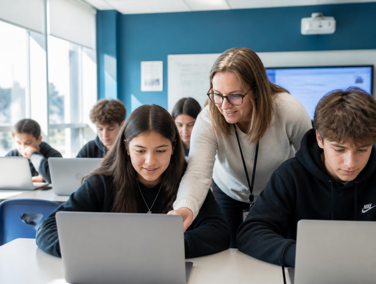 Teacher helping a student on a laptop in a bright school computer lab